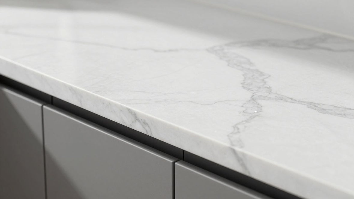 White quartz kitchen worktop with subtle grey veining.