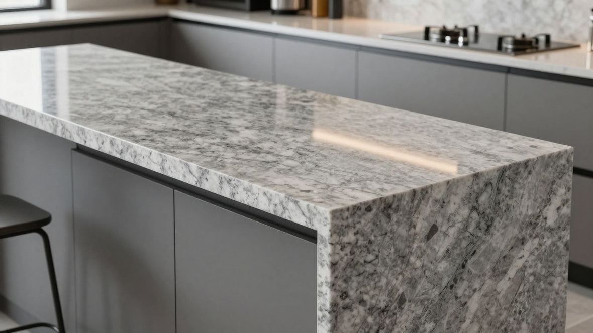 Grey granite kitchen worktops reflecting light.