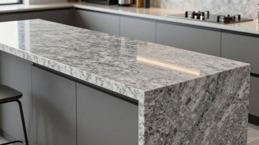 Grey granite kitchen worktops reflecting light.