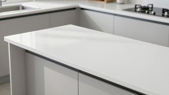 White gloss kitchen worktop reflecting light