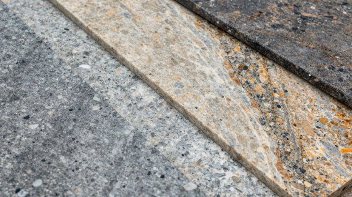 Various granite stone slabs with different colors and patterns.
