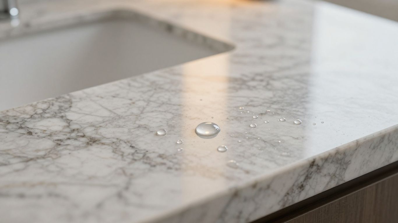 Sparkling clean quartzite countertop with water droplets.