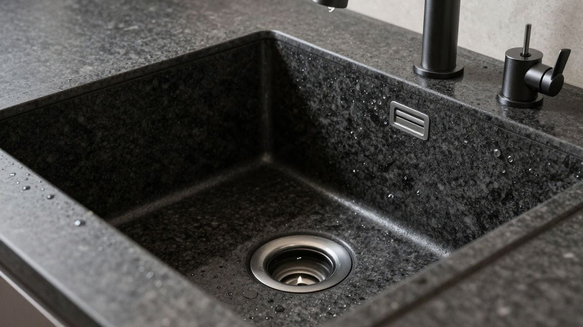 Granite kitchen sink with modern faucet.