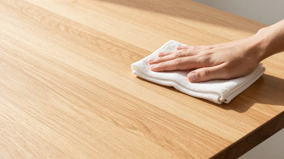 Polished wood worktop being cleaned with a cloth.
