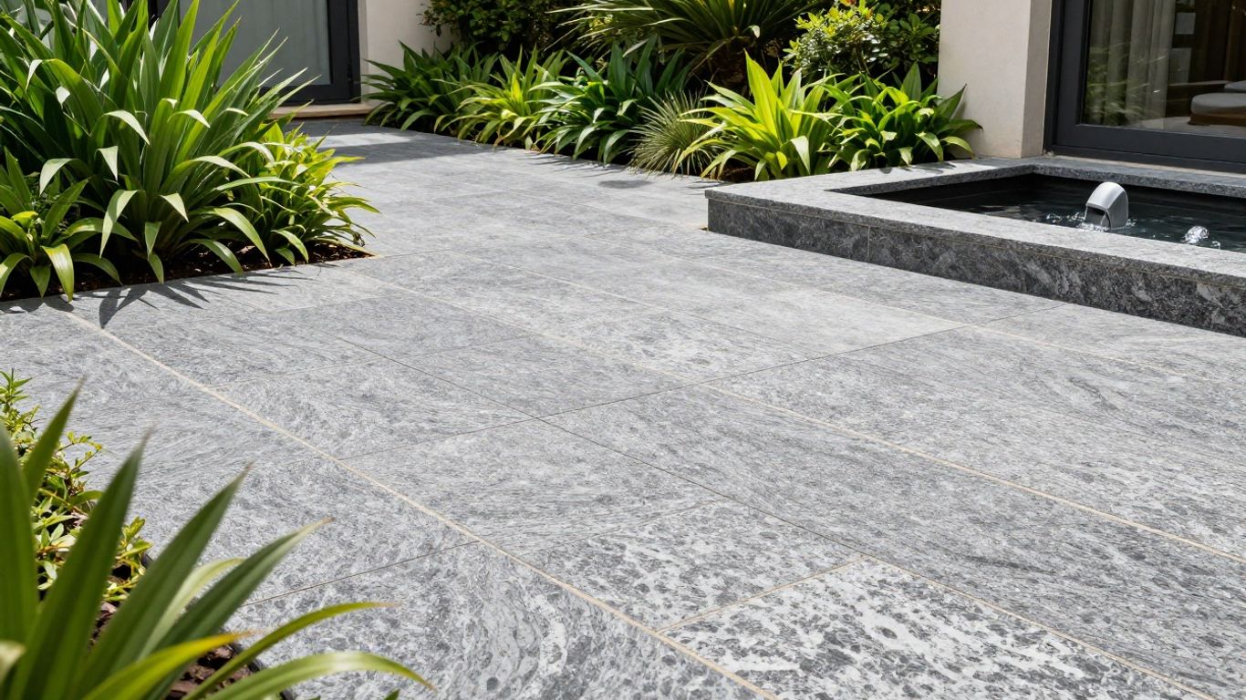 Granite paving slabs on a sunny patio with plants.