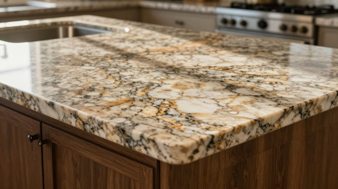Polished granite kitchen worktop with natural veining.
