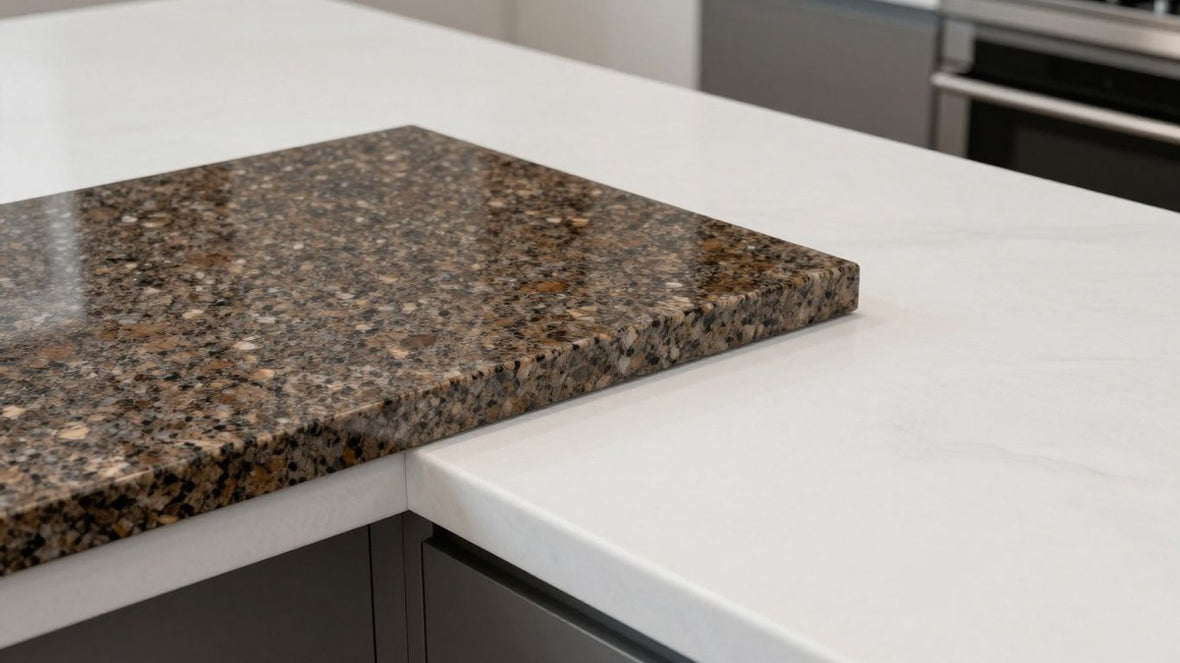 Quartz and granite kitchen countertops side-by-side.
