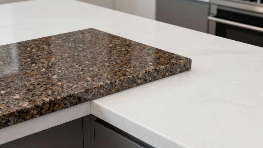 Quartz and granite kitchen countertops side-by-side.
