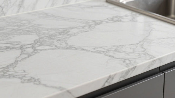 Laminate marble kitchen worktop close-up
