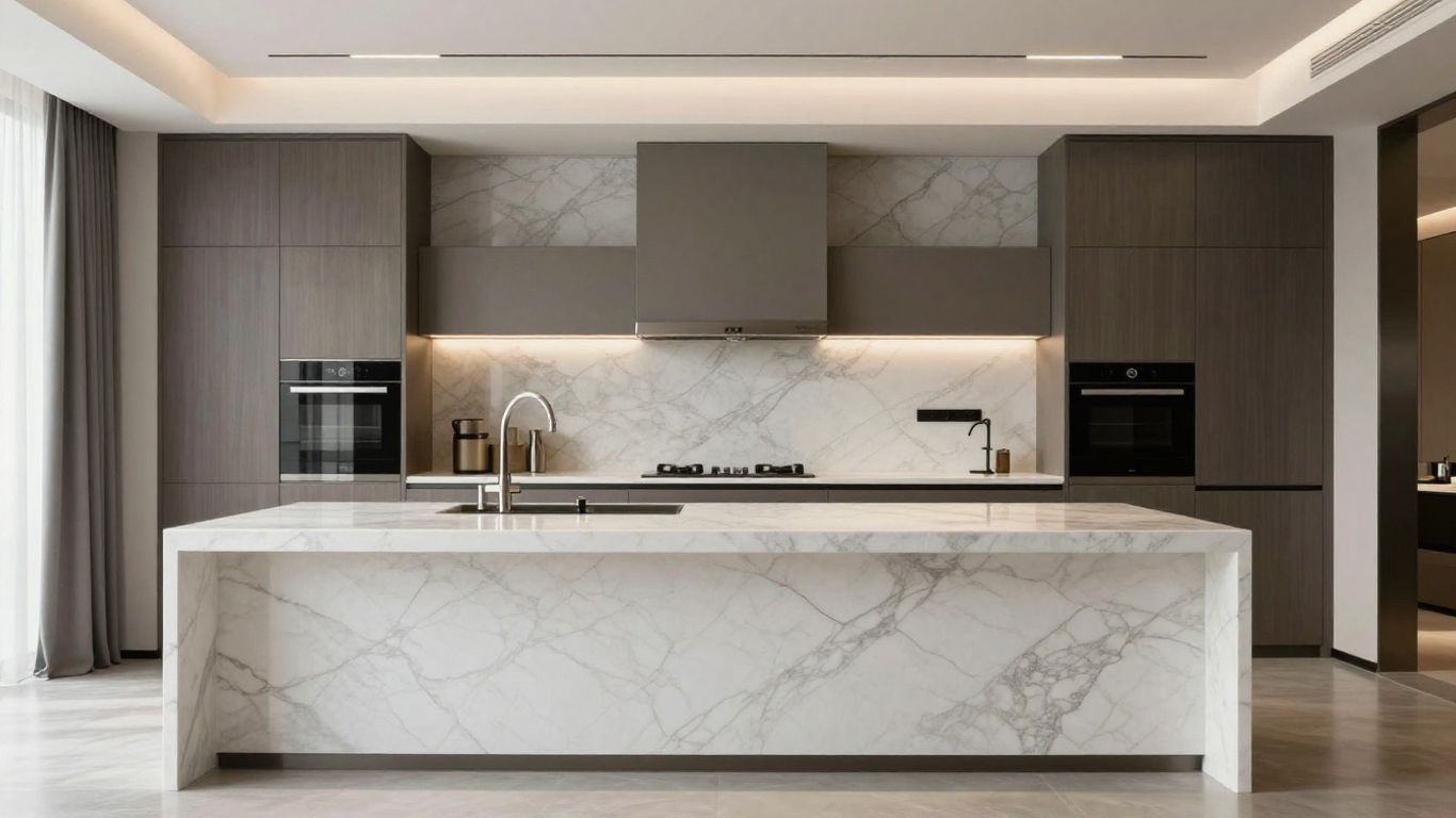 Elegant marble kitchen island with modern cabinetry.