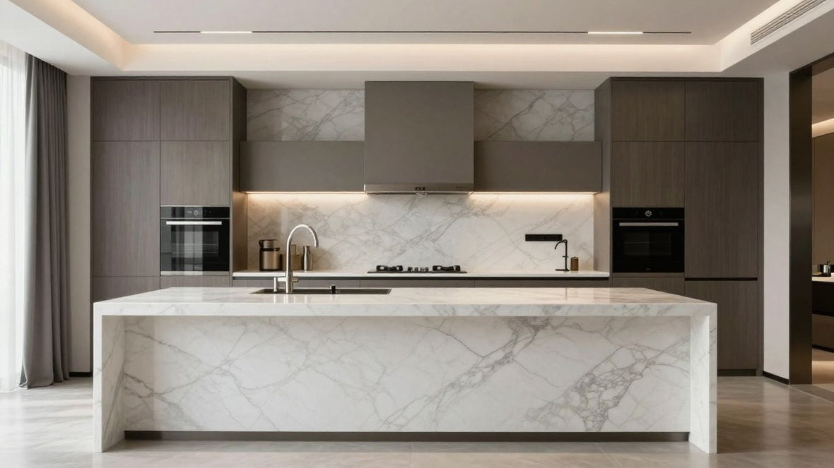 Elegant marble kitchen island with modern cabinetry.