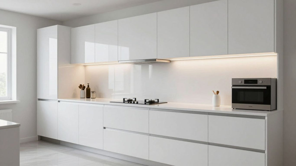 White gloss kitchen worktop reflecting light
