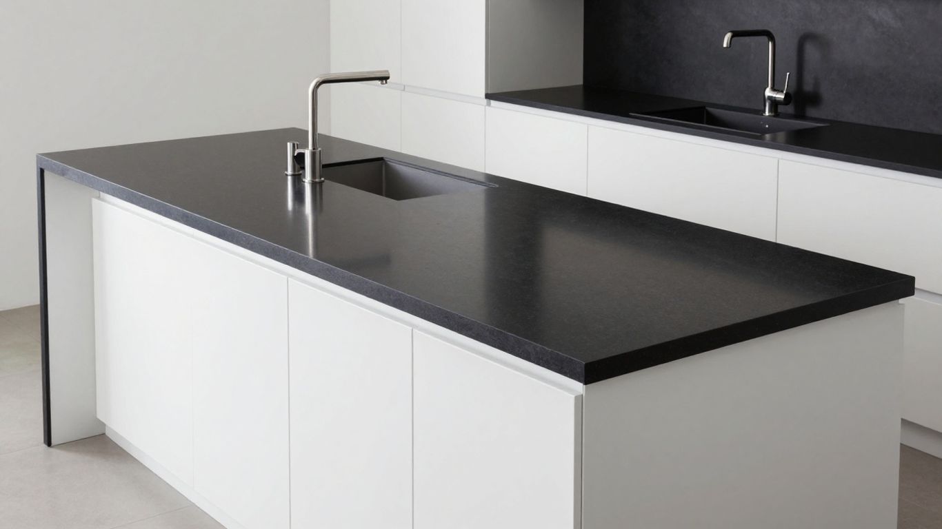 Sleek black quartz countertop in a modern kitchen.