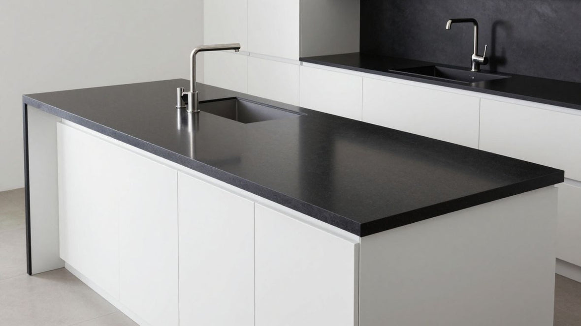 Sleek black quartz countertop in a modern kitchen.