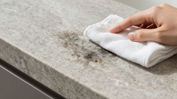 Cleaning a stain from a quartzite countertop with a cloth.