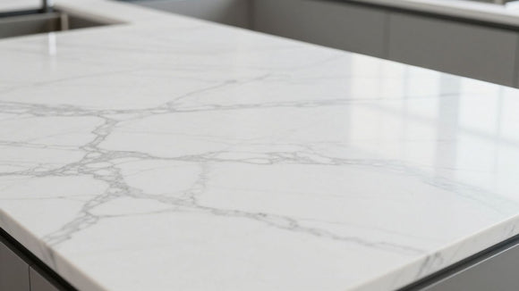 Elegant white marble kitchen countertop with grey veining.