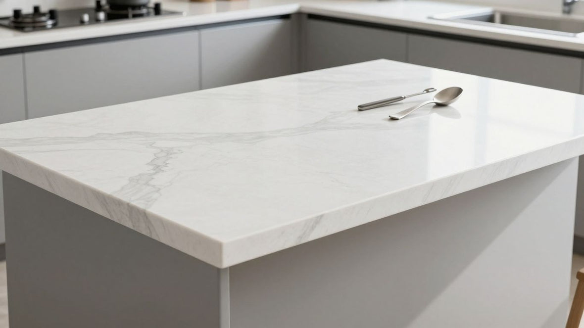 White quartz kitchen countertop with subtle grey veining.