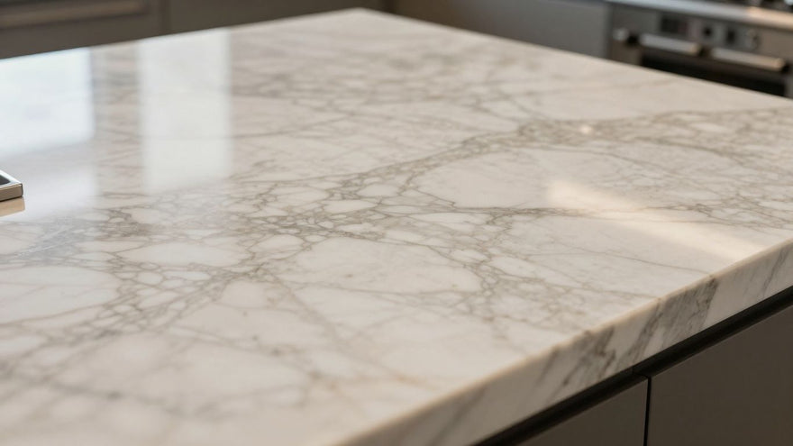 Polished marble countertop with natural veining patterns.