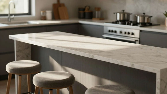 Stylish laminate worktop breakfast bar in a modern kitchen.