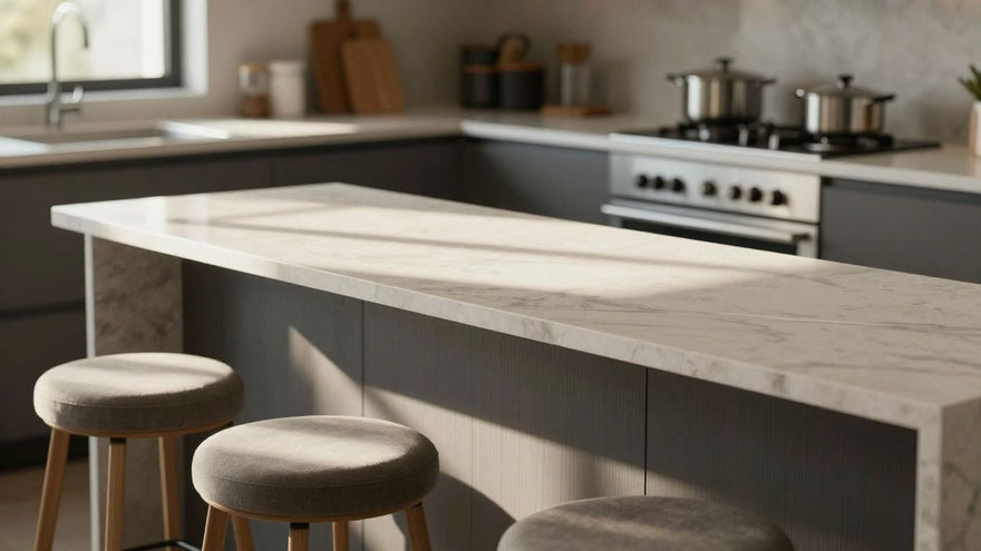 Stylish laminate worktop breakfast bar in a modern kitchen.