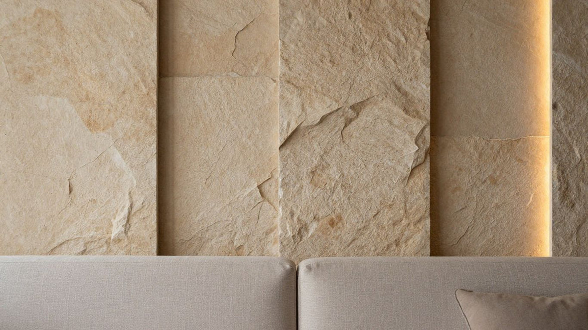 Stone wall panels accenting a modern living room.