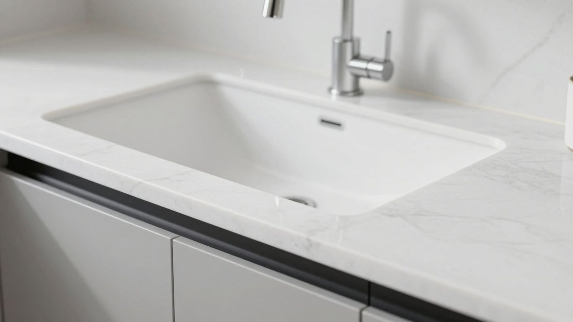 Pristine white quartz worktop in a modern kitchen.