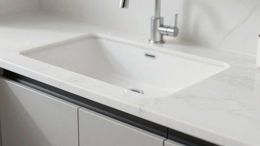 Pristine white quartz worktop in a modern kitchen.