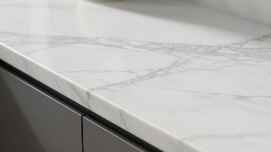 Polished white marble kitchen worktop with grey veining.