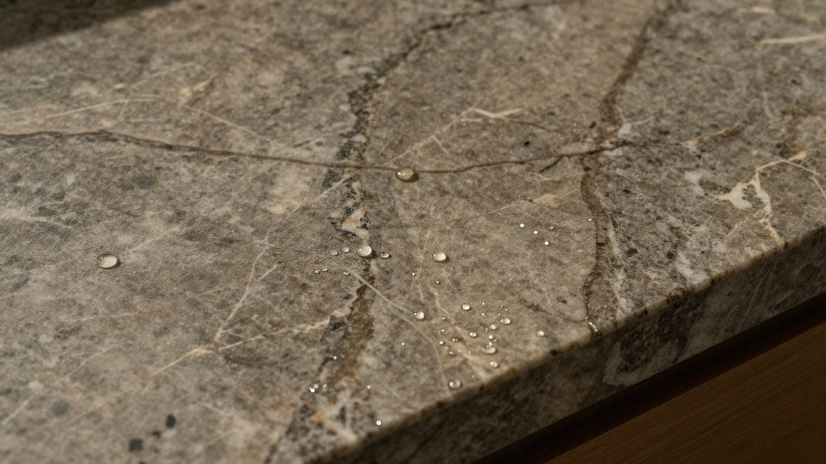 Polished quartzite countertop with water droplets