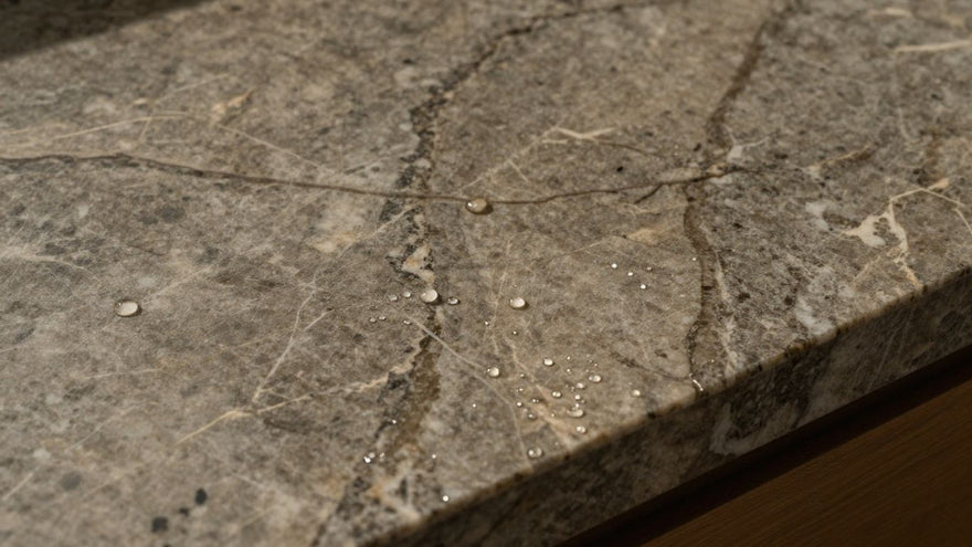 Polished quartzite countertop with water droplets