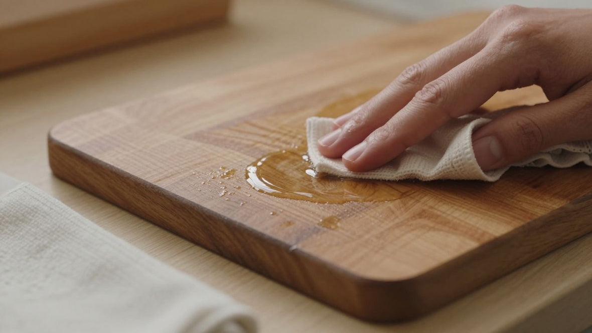Hands oiling a wooden kitchen worktop
