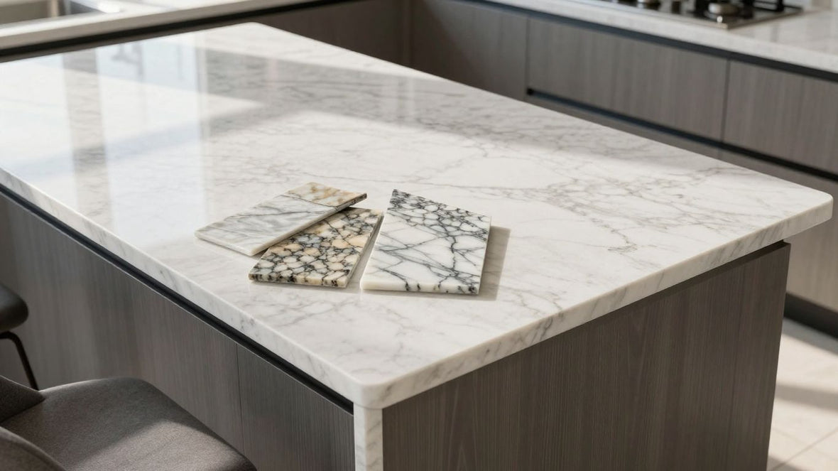 Kitchen countertop materials: quartz, granite, and marble.