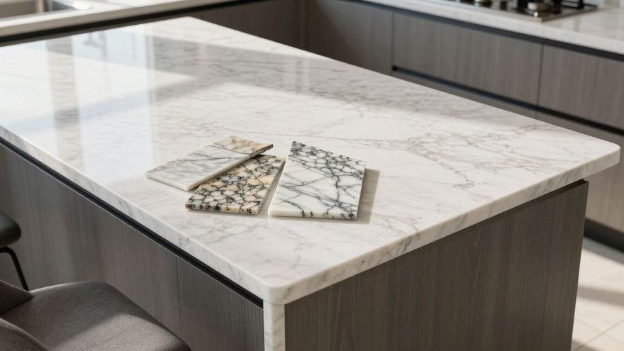 Kitchen countertop materials: quartz, granite, and marble.