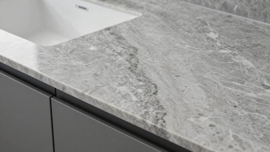 Modern quartz worktop with subtle veining and polished finish.