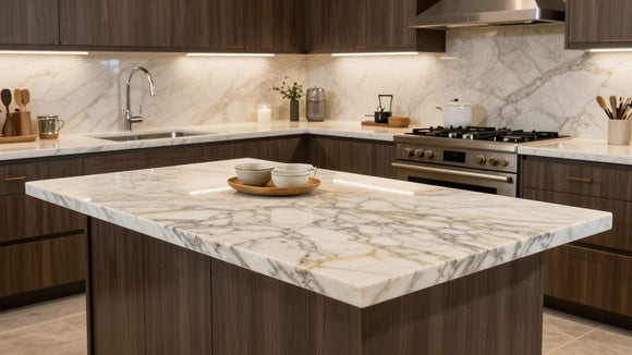 Taj Mahal granite kitchen worktop with intricate veining.