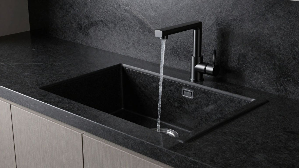 Stylish black granite kitchen sink with modern faucet.