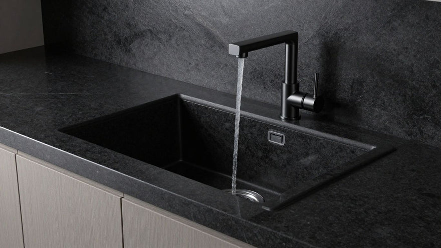 Stylish black granite kitchen sink with modern faucet.