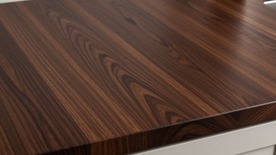 Dark oak kitchen worktop with visible wood grain.