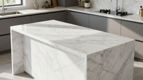 Elegant kitchen island with white marble countertop.