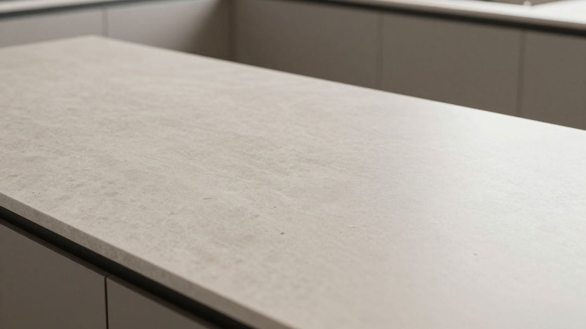 Stylish B&Q kitchen worktop with natural stone texture.