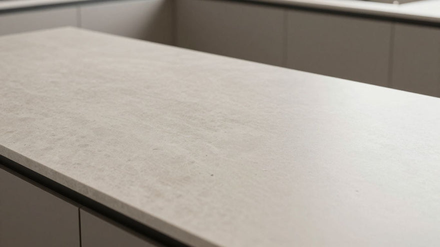 Stylish B&Q kitchen worktop with natural stone texture.