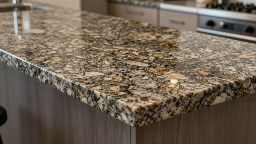 Polished granite kitchen worktop with natural patterns.