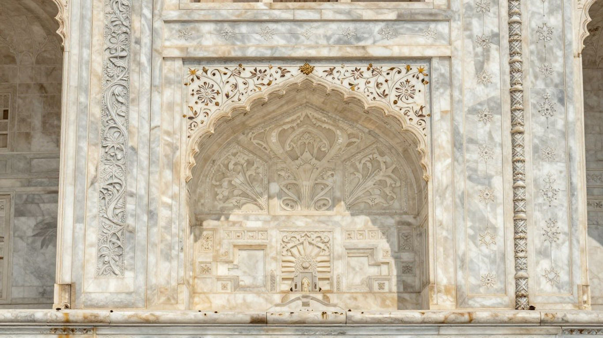 Intricate marble inlay patterns on the Taj Mahal.