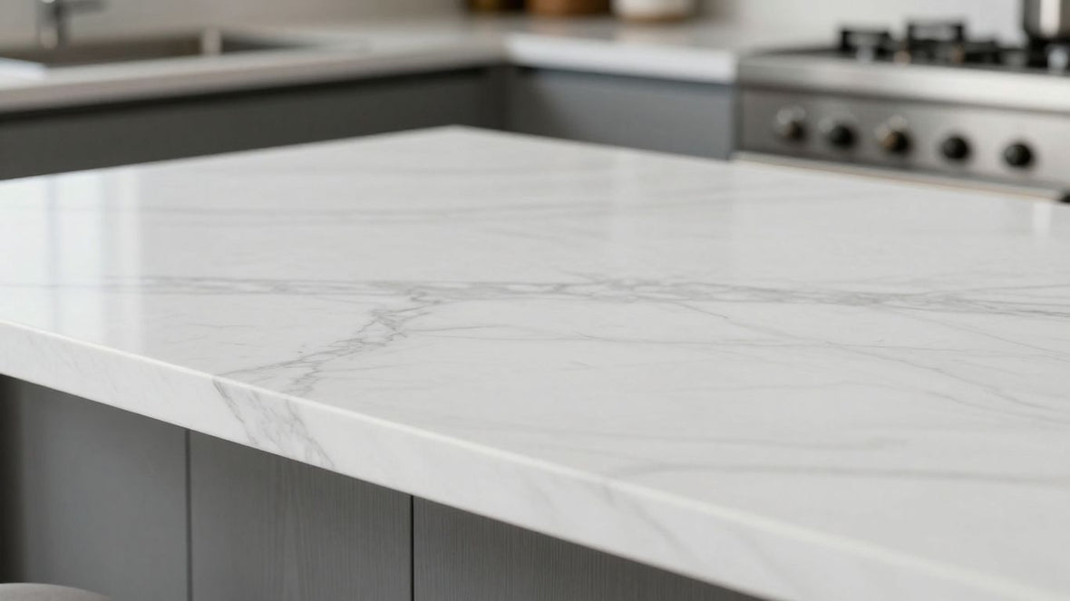Elegant marble kitchen countertop with subtle grey veining.