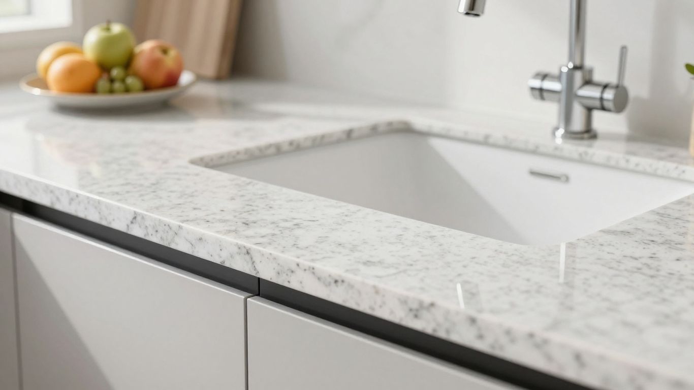 White granite kitchen worktop with subtle grey veining.