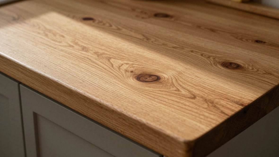 Rustic oak kitchen worktop with prominent wood grain.