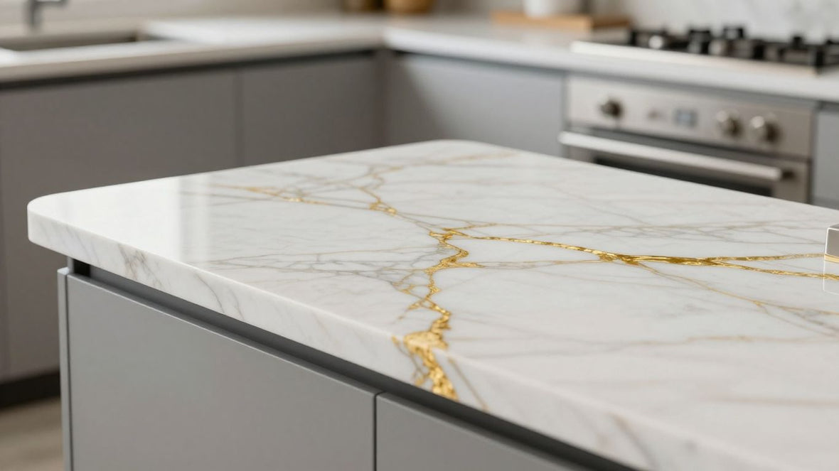 Calacatta Gold quartz kitchen worktop with gold veining.