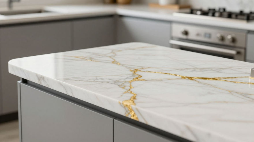 Calacatta Gold quartz kitchen worktop with gold veining.