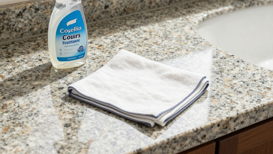 Granite countertop with cleaner and cloth