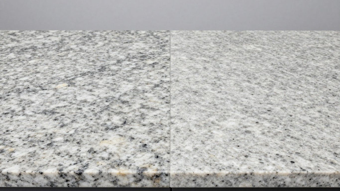 Granite and quartz kitchen countertops side-by-side comparison.